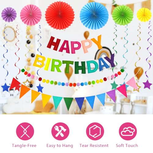 Image of CANREVEL 17 PCS Pre-Strung 3D Rainbow Happy Birthday Banner, Multi Streamer