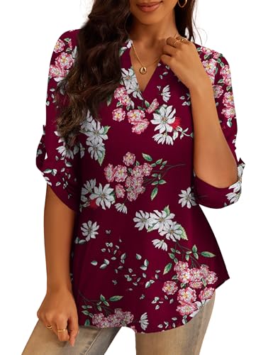 a.Jesdani Women's Plus Size Tops 3/4 Roll Sleeve Shirts V Neck Blouses Tunic Top