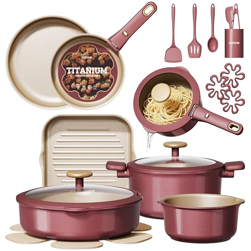 CAROTE 26 Pcs Pots and Pans Set Nonstick Cookware Sets with Detachable Handle Titanium Reinforced Oven Safe Cookware Non Stick Cooking Set w/Frying Pans & Saucepans Red(PFOS PFOA Free)