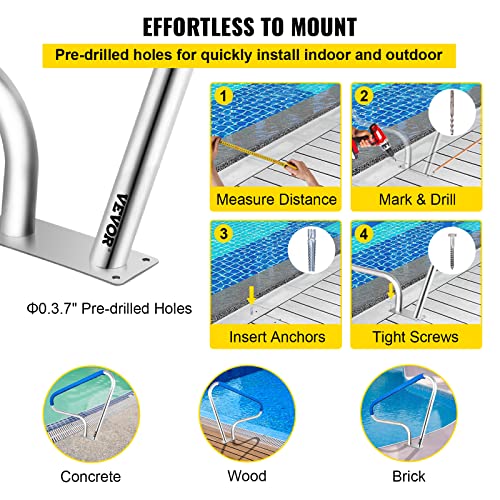 Vevor Pool Rail 48X36 Pool Railing 304 Stainless Steel 250Lbs Load Capacity Silver Rustproof Pool Handrail Humanized Swimming Pool Handrail With Blue Grip Cover & M8 Drill Bit & Self-Taping Screws #TOP5