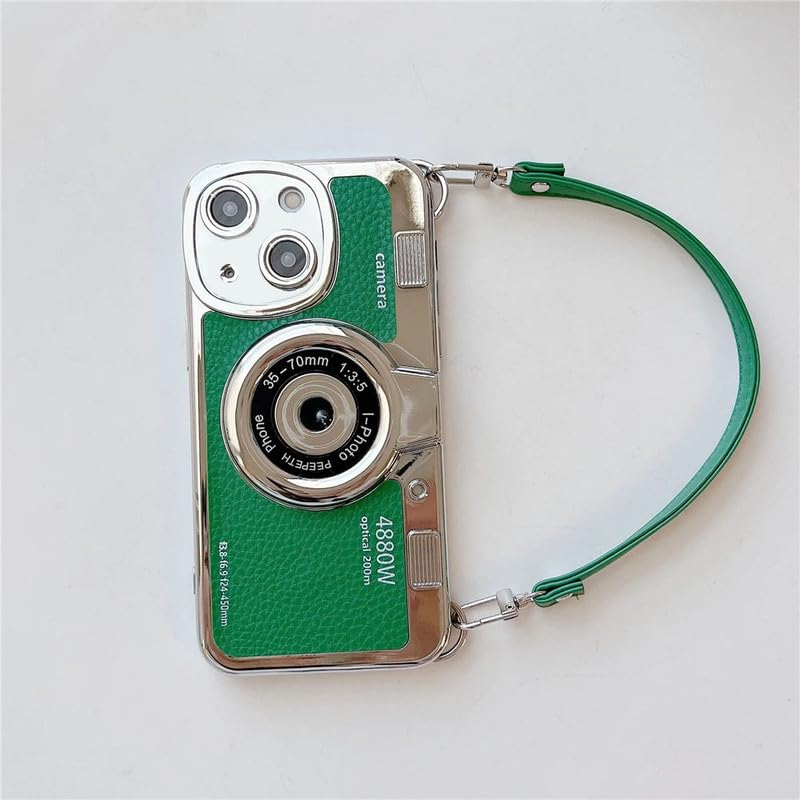 Image of LuxuryKase Retro Vintage Camera Style Case for iPhone 14 | 3D Lens Design | Hand Strap | PU Leather Finish | Soft TPU Edge | Stylish Fashion Cover - Green