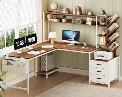 YOMILUVE L Shaped Desk with Hutch, Reversible Computer Desk with Drawers and Bookshelf, Home Office Desks with Storage Shelves for Bedroom Home Office, Brown and White