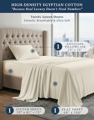 Image of LANE LINEN Twin XL Bed Sheets 100% Egyptian Cotton Sateen - Ivory | Cooling Sheets Twin XL - 3-Piece Set, Ideal For Dorms And Adjustable Beds, For Guests And Everyday Use, Luxe Sheen