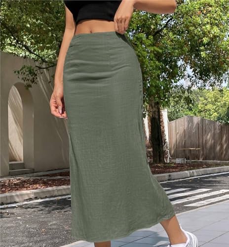 Women High Waist Summer Solid Color Casual Light-Weight Long Skirt Summer Skirt3