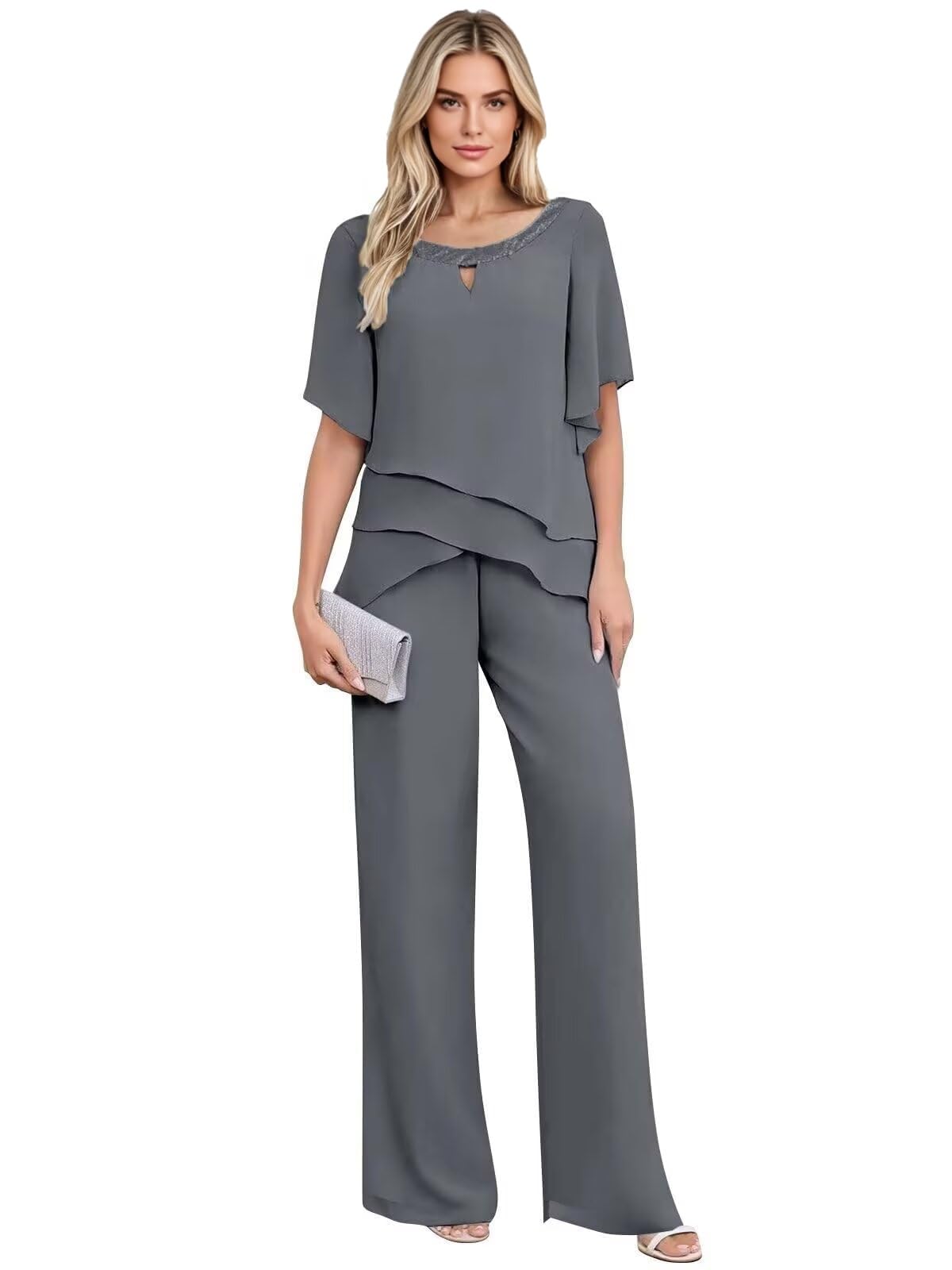 2 pezzi Madre della Sposa Pantaloni Abiti per le Donne Elegante Chiffon Set Mezza Manica Formale Matrimonio Guest Outfit con Maniche