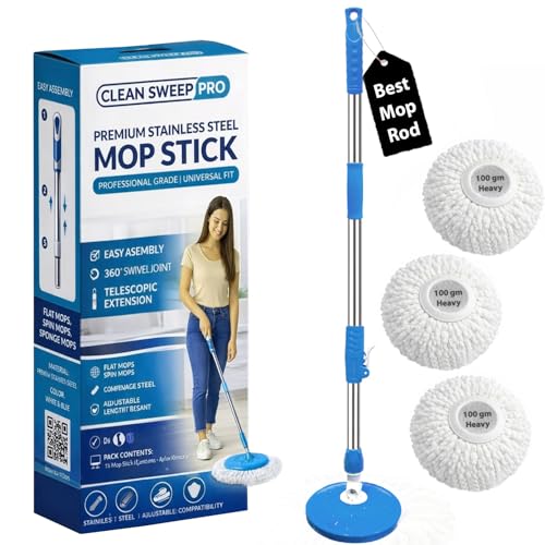 Image of New Spin Mop Stick Rod Only Mop with Stick | Spinning Mop Stick with Stainless Steel Handle & 3 Microfiber Refills | Adjustable Heavy Duty Mop Rod for Floor Cleaning (Blue)