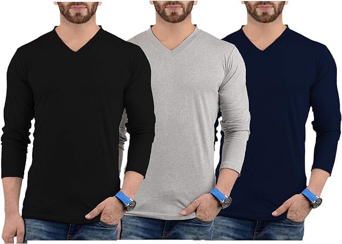 Pack of 3 Plain Long Sleeve Shirt Men - Soft Comfortable V Neck Full Sleeves Fashion Tees for Men - Image 2