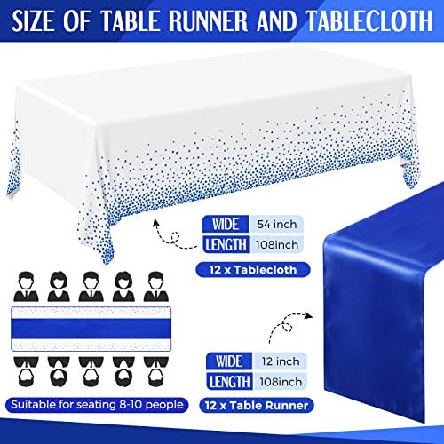 Image of Breling 24 Pack Royal Blue Disposable Plastic Tablecloths and Satin Table Runner Set, 54 x 108 Inch Tablecloth, 12 x 108 Inch Table Runners for Wedding Graduation Birthday Baby Shower