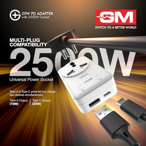 Image of GM G+ 3-in-1 20W PD Fast Charging Adapter with 2500W Universal Socket | Dual Type-C & USB-A Ports | Socket for India, US, UK, EU, AU | Compact Design for Bedside Use | Multi Plug Power Adapter