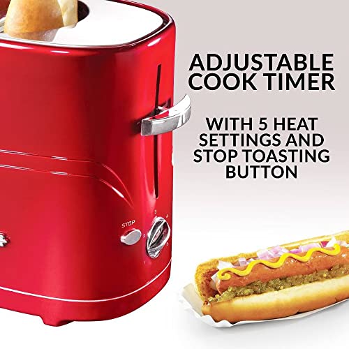 Nostalgia Adjustable 5 Setting Retro Pop Up Hot Dog Toaster, Fits 2 Regular Or Extra Plump Hot Dogs And 2 Buns With Removable Cage And Mini Tongs, Red #TOP5