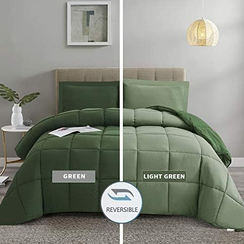 HIG 3 Pieces Green Oversized Reversible Comforter Set King, Modern Breathable Box Stitched Duvet Insert with 2 Shams, Soft Fluffy All Season Comforter Set with Corner Tabs for Bedroom, Microfiber