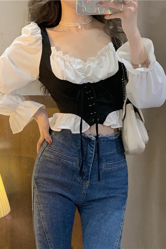 Image of ICW Women French Style Retro Vintage Lace-Up Layered Fake Two-Piece Puff Sleeve Ruffled Crop Blouse Corset Top Dn88