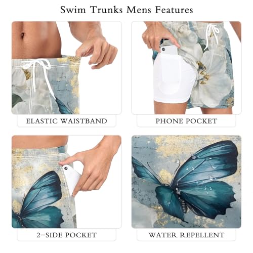Butterfly Floral White Retro Mens Swim Trunks with Liner, Cool Quick Dry Beach Swim Shorts, Swimwear Bathing Suits S3