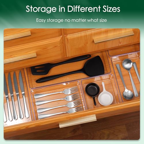 Image of Criusia Drawer Organizer Set, Acrylic Non Slip Non Cracking Kitchen Drawer Storage Tray Large Size Divider, Multifunctional Storage for Cosmetics, Bathroom, Tools, Kitchen and Office (8 PACK)