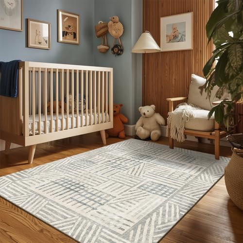 Image of Area Rug 5x7 Abstract Geometric Textured Brushstroke - Neutral Gray & Light Blue Modern Minimalist Area Rug, Decorative Carpet for Living Room Bedroom Home Decor