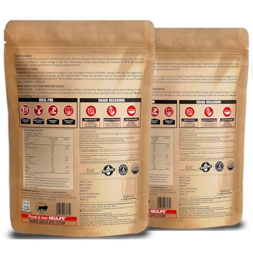 Image of Neulife Super Isolate Whey Protein (900 g 450x2) | Max Absorption Protein Shake with Patented Ketofuel MCTs | Mango Lassi with Real Fruit