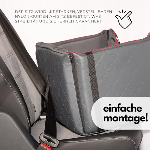 Golden Dog - Transportbox Hund mit Sicherheitsgurt M-52x44x33 cm - Leder Imitation Autositz Hund, Wasserdicht Hundesitz Auto - Beifahrersitz Hundebox Faltbar - Anschnallgurt Hundekorb Auto, Grau