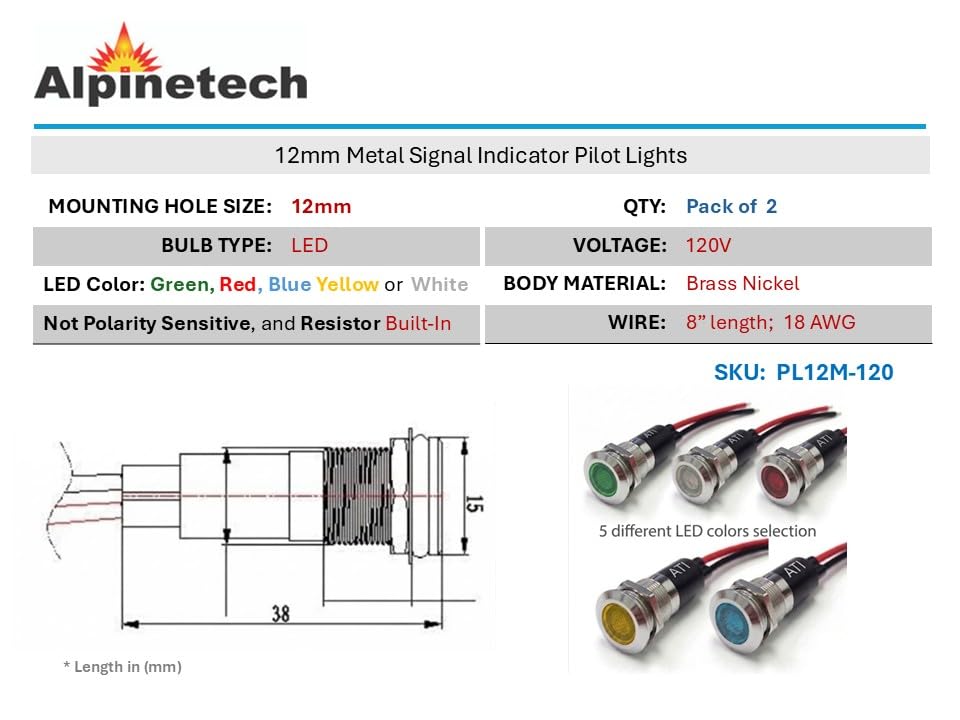 Indicador LED Metal Alpinetech PL12M 12mm 120V Verde miniatura 2