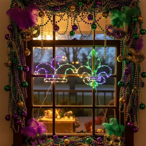 2 luces de Mardi Gras para ventanas con flor de lis y máscara con ventosa 6