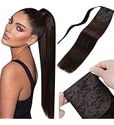 LaaVoo Braun Pferdeschwanz Echthaar Glatt 80g Remy Ponytail Extensions Echthaar Braun 45cm Straig...