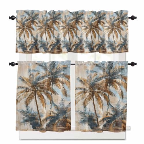 Navy Blue Brown Palm Tree Kitchen Curtains 36 Inch Length, 3 Piece Rod Pocket Small Half Tiers and Valance Set, Tropical Leaves Vintage Small Large Window Treatment Decor for Bedroom/Bathroom Sink