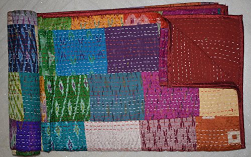 Tribal Asian Textiles Indian Patola Silk Patch Work Kantha Quilt Kantha Blanket Bedspread Twin Quilt (Multi Patchwork)