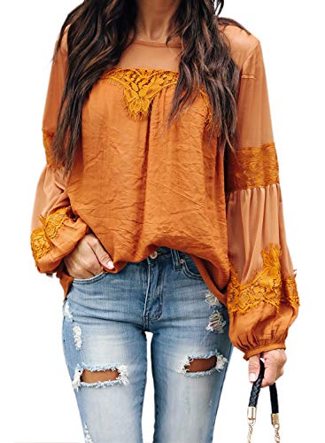 AlvaQ Women Sexy Round Neck Mesh Sheer Chiffon Tops Fall Summer Lantern Long Sleeve Tunic Blouses Fashion 2019 Yellow Large