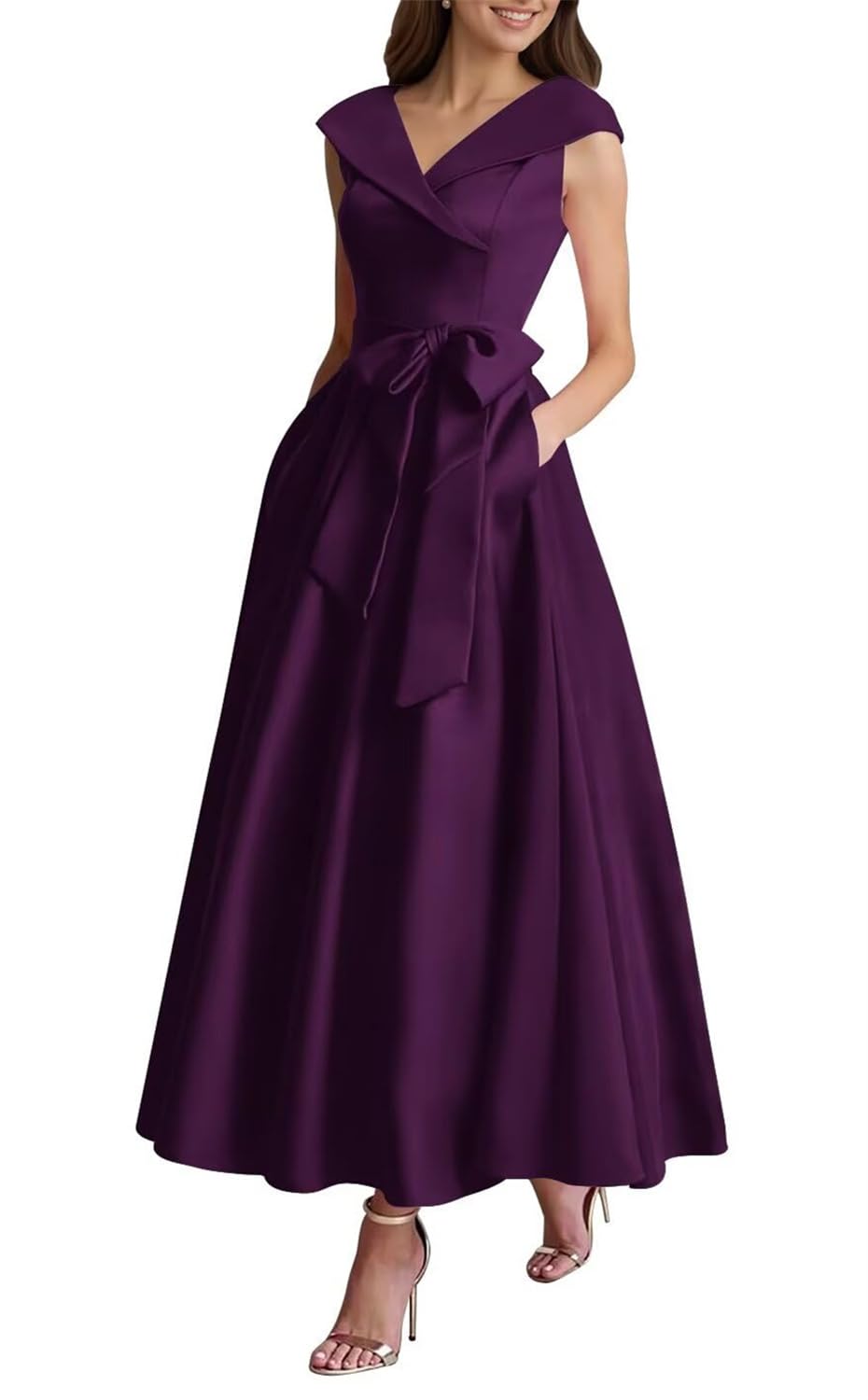 Kiyne Women's Plum Elegant Mother Of The Bride Dresses For Sleeveless Ankle Length Satin Formal Gown V Neck Evening Dress Uk18