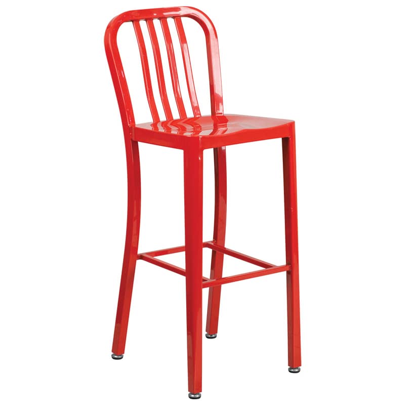 Flash Furniture Commercial Grade 30" High Red Metal Indoor-Outdoor Barstool with Vertical Slat Back