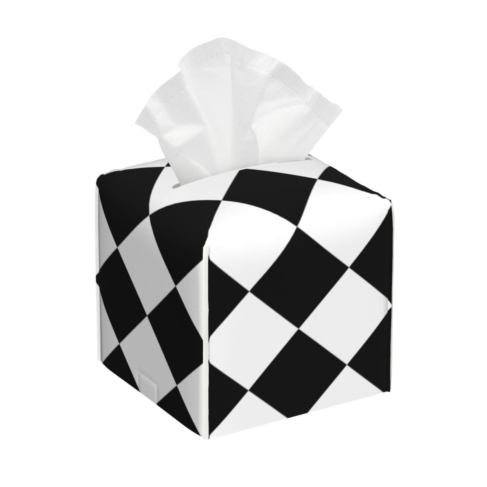 Square Leather Tissue Box Cover, Black And White Abstract Checkered Diamond Tissue Holder Square Tissue Cube Box Organizer for Home Office Car Hotel Restaurant 5.2"x5.2"x5.2"