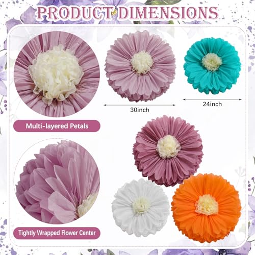 Image of Chunful 5 Pcs 30'' 24'' Giant Boho Tissue Paper Flowers Decoration Handcrafted Large Crepe Hanging Tissue Flower Paper Pom Pom for Baby Shower Birthday Bachelorette Wedding Bridal Shower Party Nursery