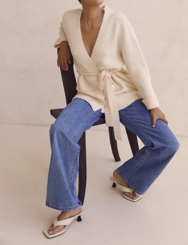 Wrap Sweater Cardigan for Women Long Sleeve V Neck Knit Coat with Belt Tie Waist Open Front Cardigan Outwear - Image 6