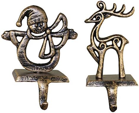 Fannybuy Christmas Stocking Holder Hangers Metal for Fireplace Mantle Free Standing Christmas Decorations Indoors Deer Snowman Sata Snowflake Decorations (2 Pack= Deer+ Snowman)