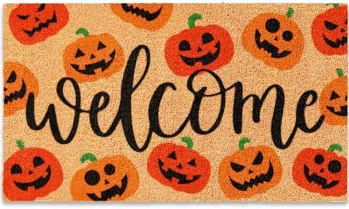 JarThenaAMCS Halloween Natural Coir Doormat Red Orange Evil Pumpk...