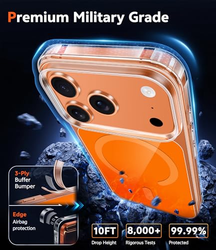 Image of FNTCASE for iPhone 17 Pro-Max Case: Clear Magnetic Phone Cases with Screen Protector Compatible with Magsafe Slim Anti Yellowing Rugged Shockproof Protective Transparent Cell Cover (B-A Orange)