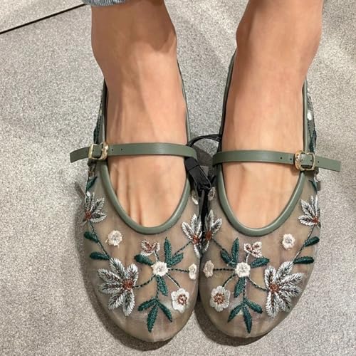 Image of MRKEWUNEY Mesh Ballet Flats for Women Embroidered Floral Round Toe Mary Jane