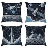 Juego de 4 fundas de almohada de cohete futurista espacial satélite, azul marino con cierre oculta, fundas de almohada decorativas para el hogar, recámara, sala de estar, sofá, decoración de 18 x 18