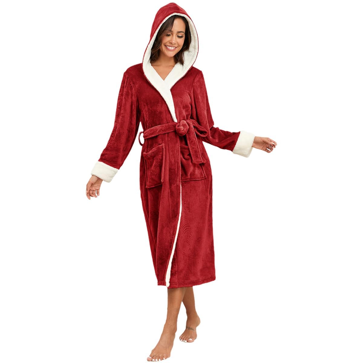 RONGTAI Damen-Bademantel aus Plüsch-Fleece, mit Kapuze, dickes Nachthemd, lang, Nachtwäsche mit zwei Seitentaschen und Gürtel