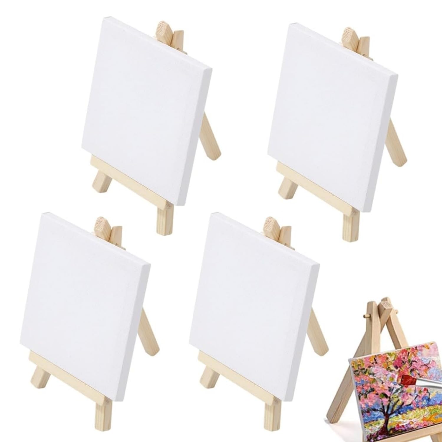 Jfangzhzh White 4 Pcs Mini Blank Canvas Panel With Wooden Easel Stand,Wooden Tabletop Art Display Easels,Small Painting Easel,Desktop Holder Stand,For Drawing,Display Photos,Painting Craftss