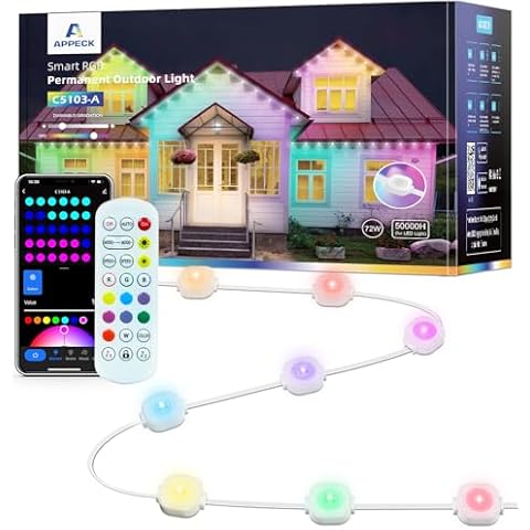 APPECK Permanent Outdoor Lights 100ft, Smart RGB Outdoor Lights with 72 LEDs, IP65 Waterproof LED Eaves Lights, 54 Scene Modes Lighting for Party, Daily, Halloween, Christmas, Roof, Garden, Patios Cover