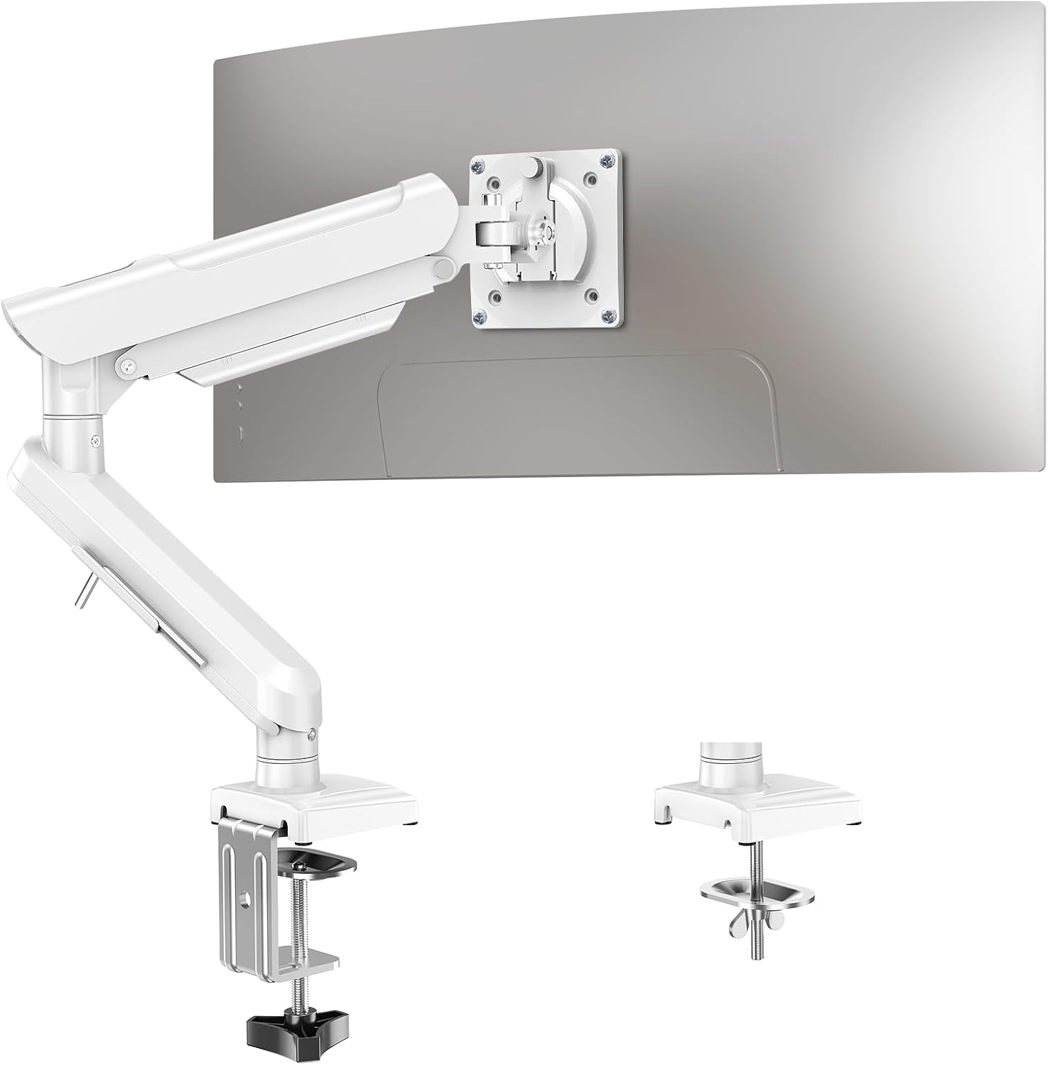 Single Monitor Desk Mount, 13-32 inch Adjustable Gas Spring Monitor Arm, Computer Monitor Stand Holder with Clamp and Grommet Base, Fits 4.4 to 22lbs Screens, VESA Mount Bracket, White, Freelift Pro