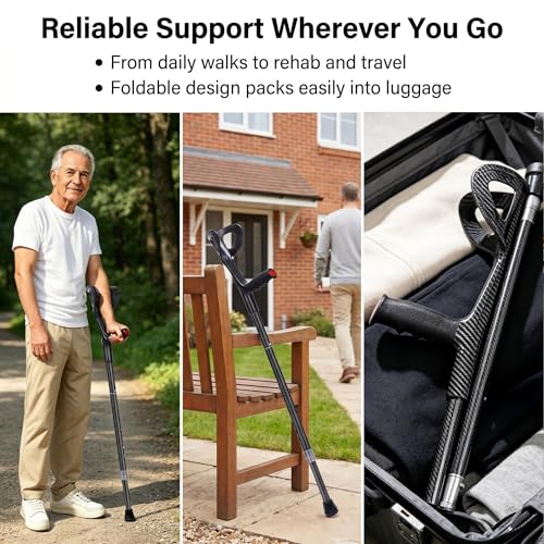 Image of Carbon Fiber Forearm Crutches for Adults, 1 Pcs, Lightweight Arm Crutches, Adjustable Elbow Crutches Height 57 inch-75 inch for 4'9 inch-6'2 inch Users, Heavy Duty with 2 Foot Pads, Up to 350 lbs