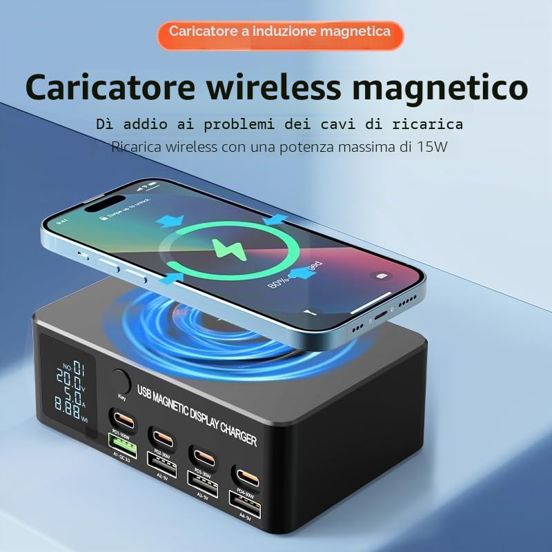 Caricatore intelligente multifunzione con display magnetico da 140 W, 8+1 porta USB C con PD da 100 W, QC3.0, caricatore wireless magnetico, display LCD