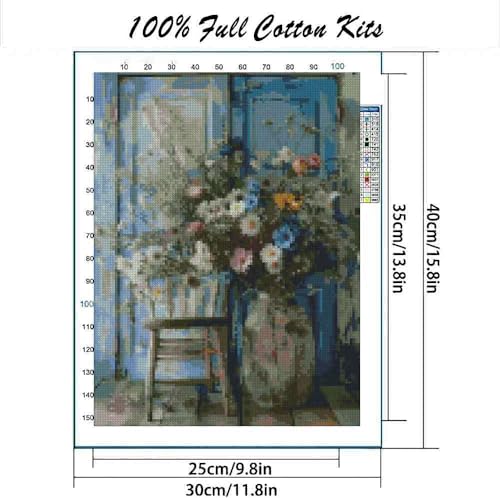 Image of Vintage Country and Flowers Cross Stitch Kits for Adults,11CT Stamped Cross Stitch Kits for Beginner,DIY Needlepoint Embroidery Patterns Kits Embroidery Patterns for Home Wall Decor 15.7x11.8 inches