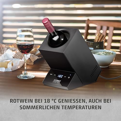 CASO WineCase One Black - Design Weinkühler für eine Flasche, Temperaturbereich von 5-18°C, für Flaschen bis 9 cm Ø, Sensor-Touch Bedienung, Schwarzes Edelstahlgehäuse
