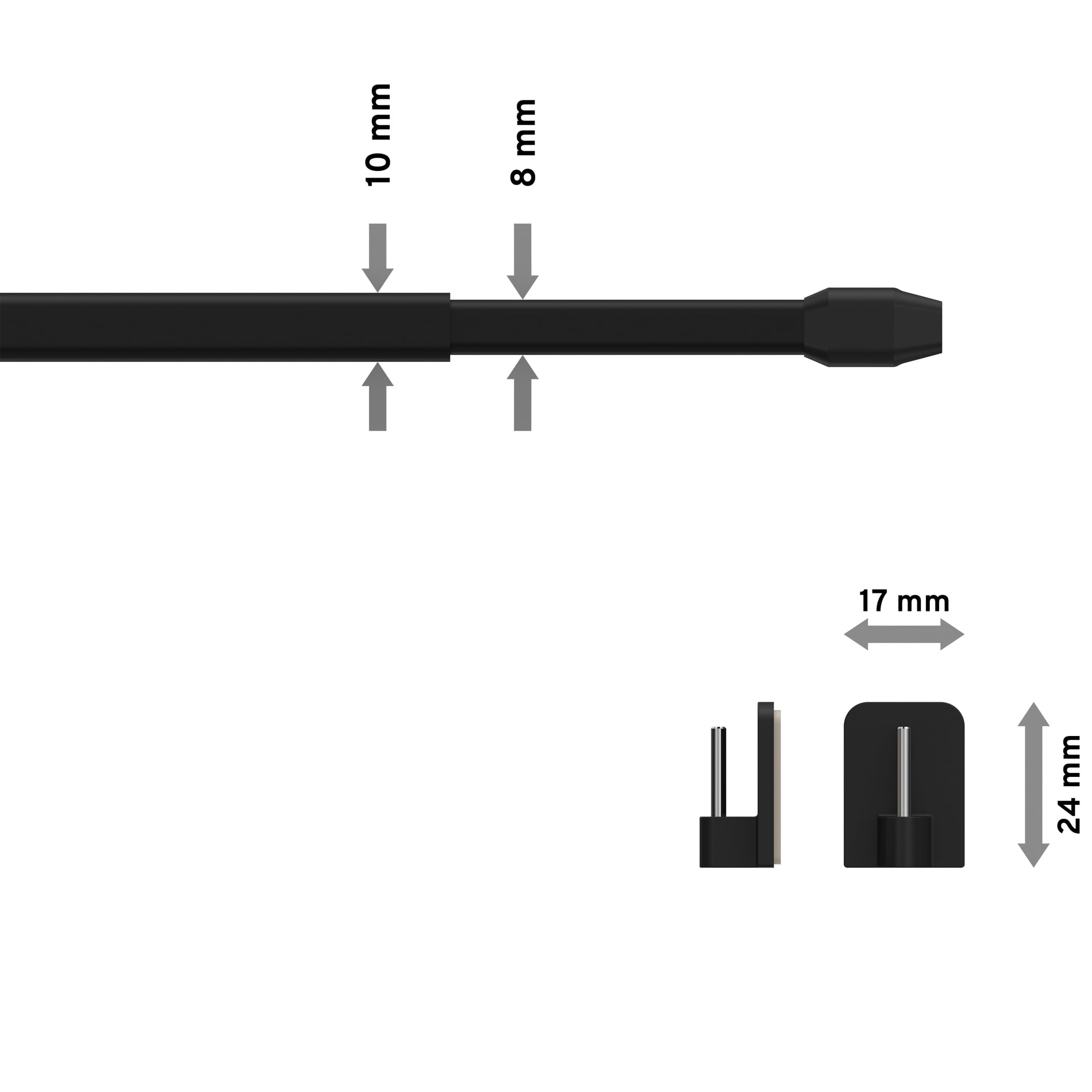 INTERDECO Vitragestangen ausziehbar, Scheibenstangen mit Klebehaken aus Metall und Kunststoff, zum Kleben, Schwarz, für Scheibengardinen und Kurzgardinen, Typ 2011012, 2 Stück, 80-140 cm