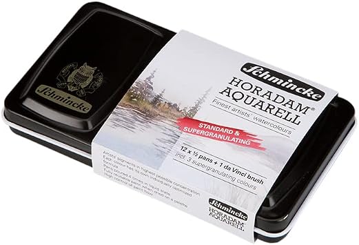 Schmincke - HORADAM AQUARELL 12 half pans - Standard and Super Granulating colors - and da Vinci brush, 74630097, Metal Box, Painting Set, 12 x 1/2 pans