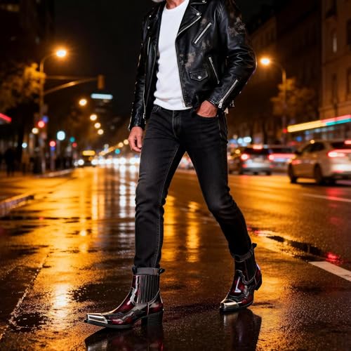 Image of Men's Vintage Patent Leather Chelsea boots, Steel Toe Chelsea Ankle Boots with Embroidered Detail