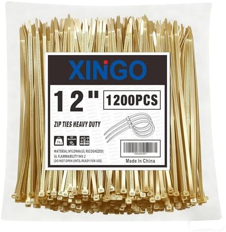 XINGO 1200 Stück Kabelbinder Gold, 300mm x 5.8mm, 34 kg Zugfestigkeit, UV-beständig, Selbstsichernde Kabelbinder für drinnen und drauße