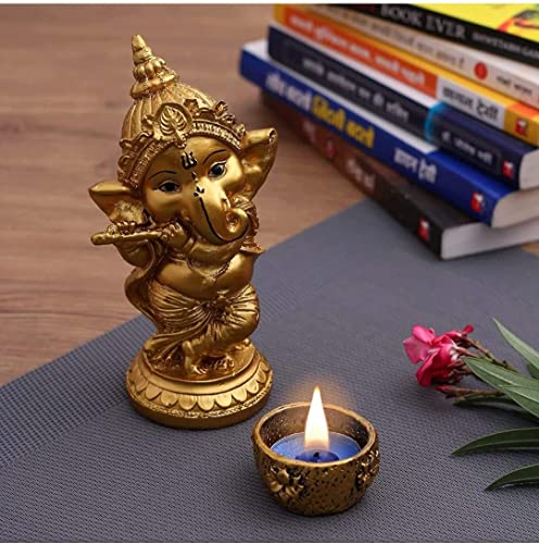 Image of Handmade Showpiece Polyresin Ganesh dol with Deepak and Figurines for Spiritual Vaastu Pooja Decorative for Puja Gifts & Decoration Items for Home Decor (Fulte Standing Ganesha)